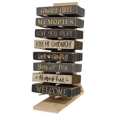 48 Piece 9 Farmhouse Colors Engraved Sayings Block Assortment w Display Rack - The Fox Decor